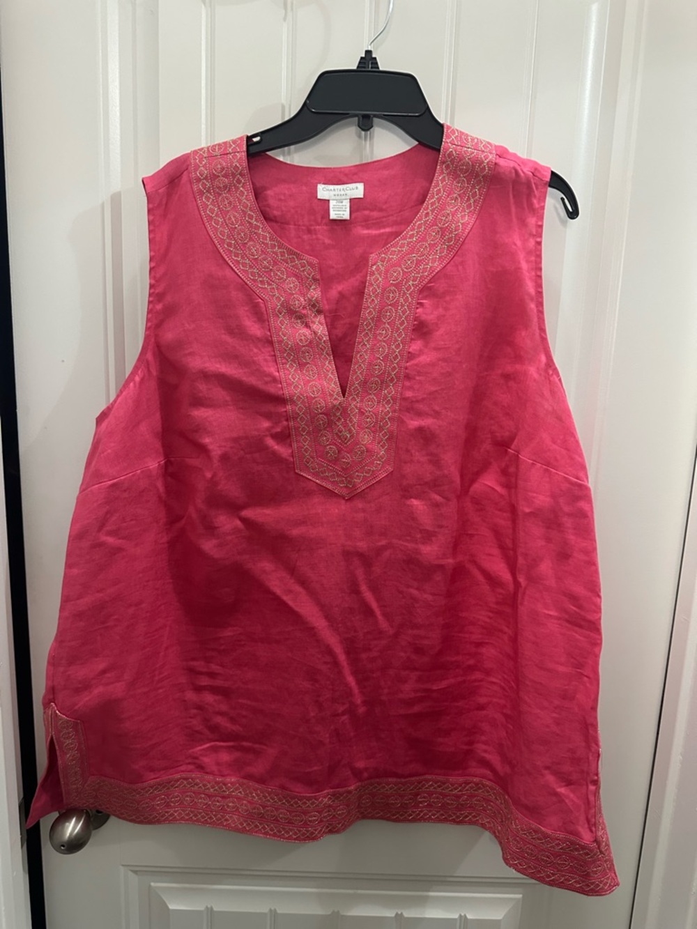 NWT Charter Club Hot Pink Embroidered Sleeveless Tunic 20 w Linen